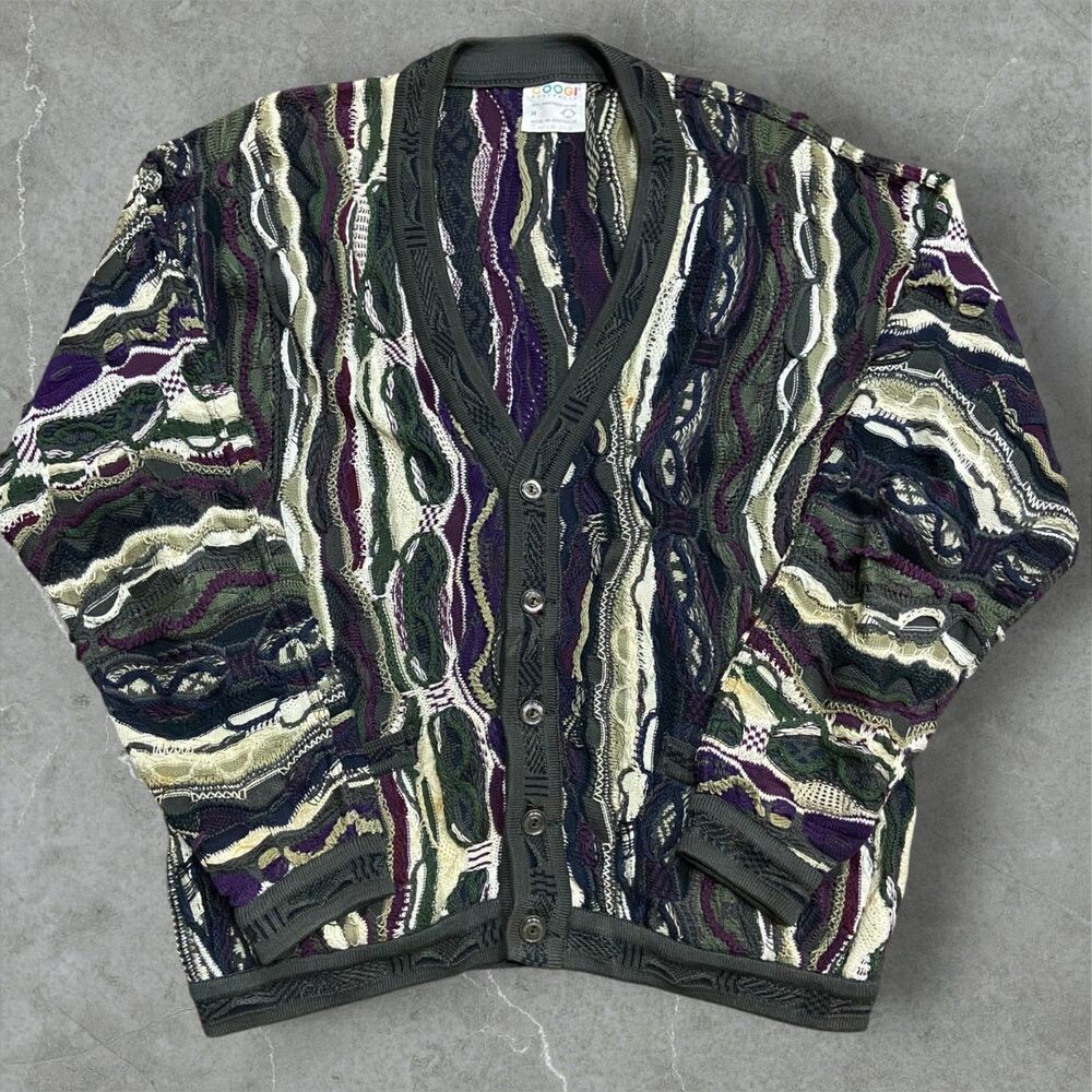 Coogi Australia Vintage 3D Chunky Knit Green Purple Cardigan Sweater Size M - Picture 1 of 9